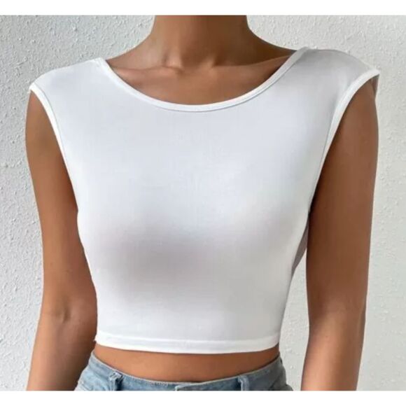 Shein NWT White Cap Sleeve Open Back Cropped Shirt Large - Picture 2 of 6